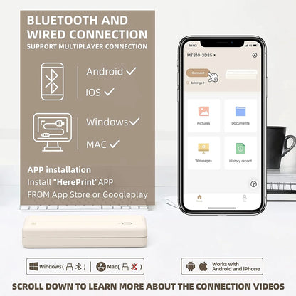 Portable Wireless Thermal Inkless Printer - Compatible with Android, iOS & Laptops - Stylish Beige Design