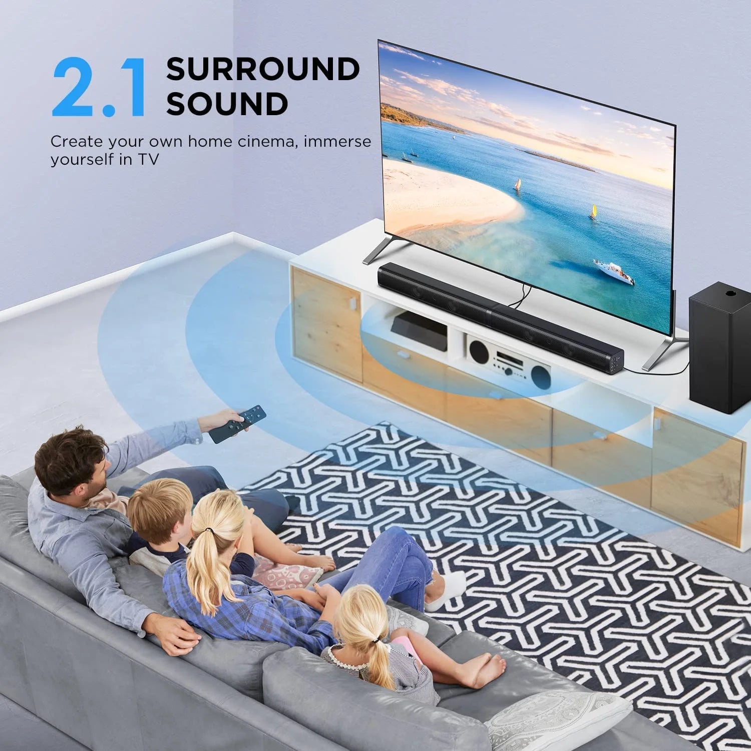 Sound Bar for Smart TV with Dolby Atmos, 190W Peak Power Soundbar with Subwoofer, TV Sound Bar with Bass Boost, Home Theater Audio Sound Bars for TV Speakers