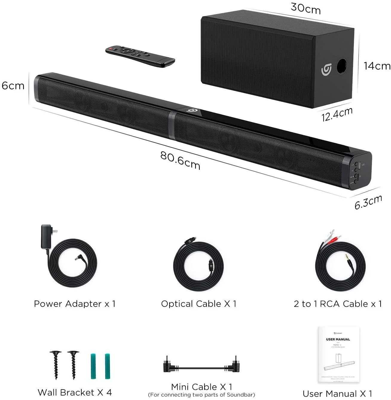 Sound Bar for Smart TV with Dolby Atmos, 190W Peak Power Soundbar with Subwoofer, TV Sound Bar with Bass Boost, Home Theater Audio Sound Bars for TV Speakers