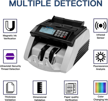 Bill Counter Machine, Money Counting Machine with UV/MG/MT/IR Counterfeit Detection, Count Value of Bills, Valucount, Add and Batch Modes, Large LED Display, 1,000 Bills/Min (Black)