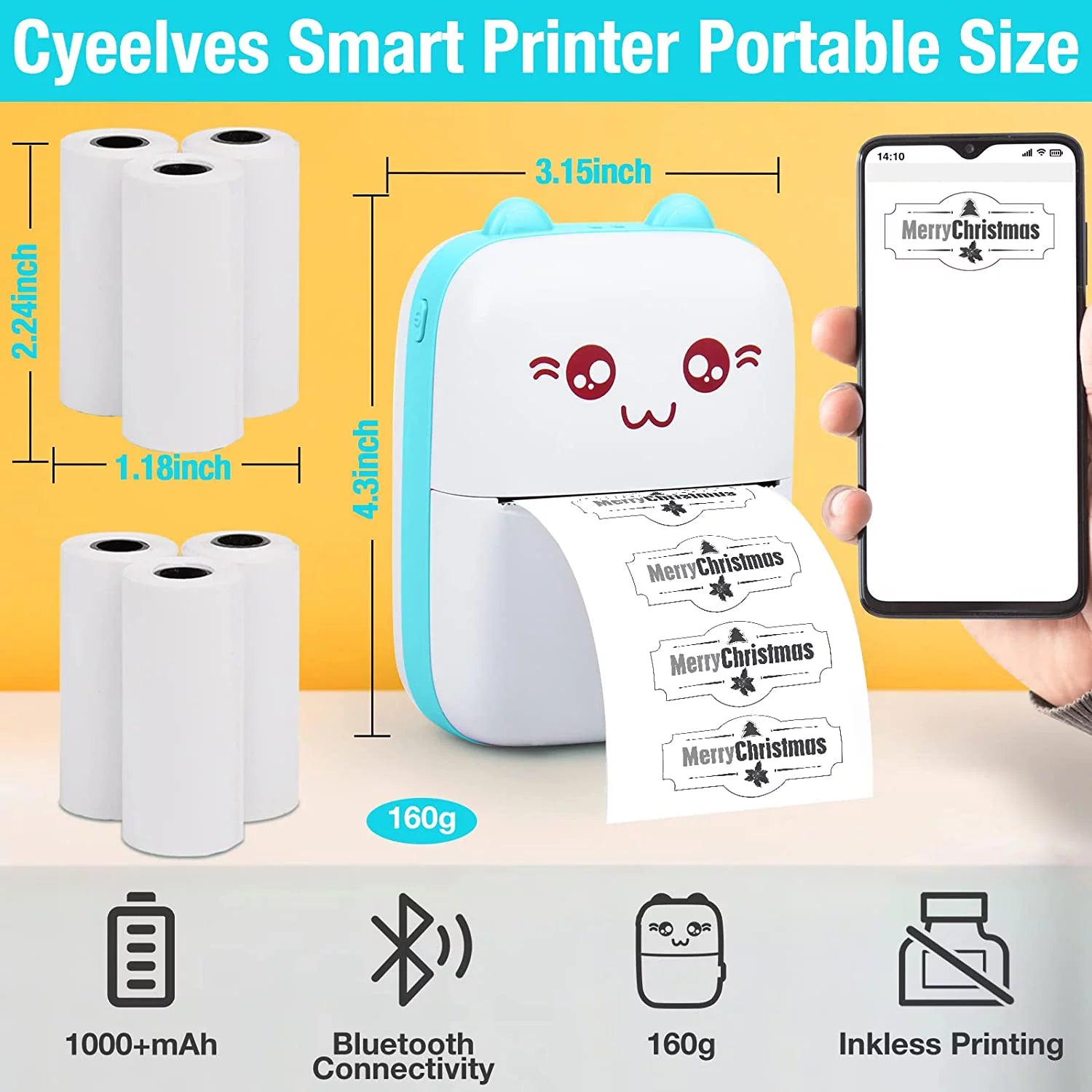 Compact Wireless Bluetooth Mini Printer - 6 Rolls Thermal Paper Included! Perfect for Labels, Receipts & Photos - Ideal Gift for Students & Home Office