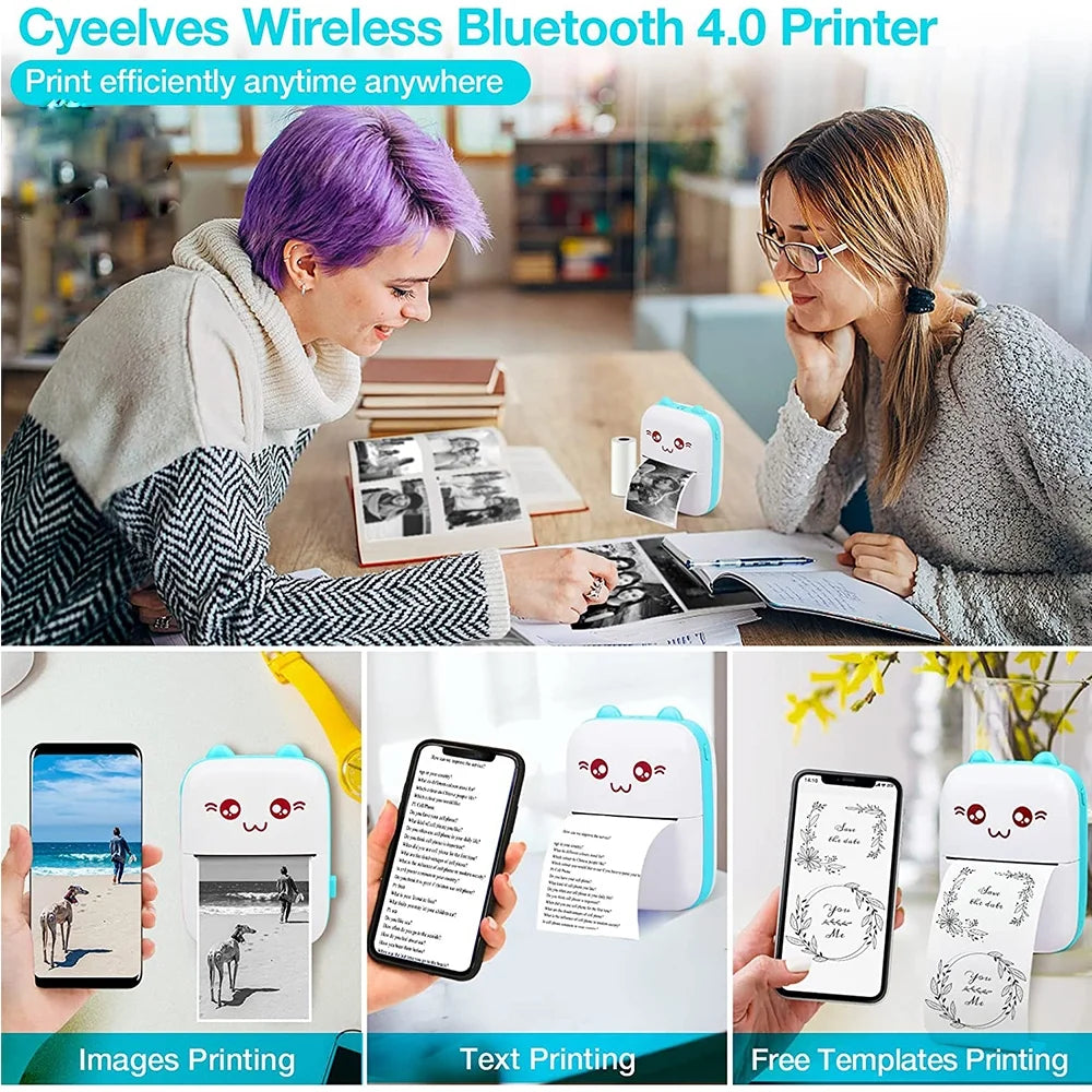 Compact Wireless Bluetooth Mini Printer - 6 Rolls Thermal Paper Included! Perfect for Labels, Receipts & Photos - Ideal Gift for Students & Home Office